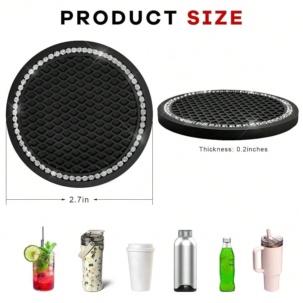Bling Car Cup Coaster, 2.69 Inch Anti-Slip Auto Cup Holder Drink Mat W/Crystal Rhinestones, Universal Shiny Diamond Vehicle Insert Coas