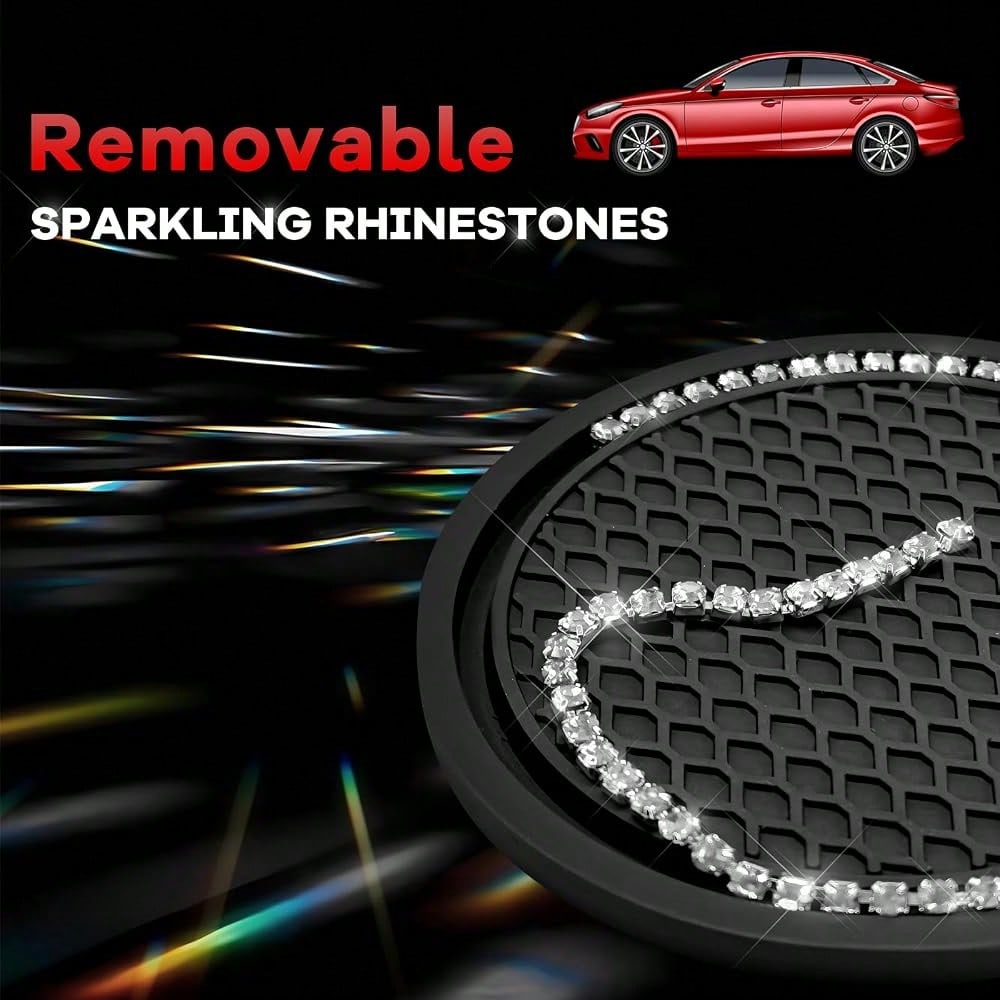 Bling Car Cup Coaster, 2.69 Inch Anti-Slip Auto Cup Holder Drink Mat W/Crystal Rhinestones, Universal Shiny Diamond Vehicle Insert Coas