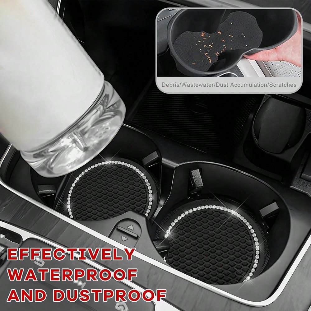 Bling Car Cup Coaster, 2.69 Inch Anti-Slip Auto Cup Holder Drink Mat W/Crystal Rhinestones, Universal Shiny Diamond Vehicle Insert Coas