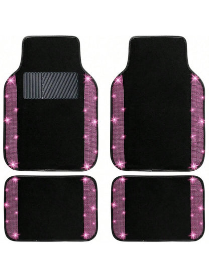 Bling Car Floor Mats Full Set, Universal Fit Most Cars,SUV, Trucks, 4 Pcs Sparkle Glitter Diamond Carpet For Women Girls With Anti-Slip Pad