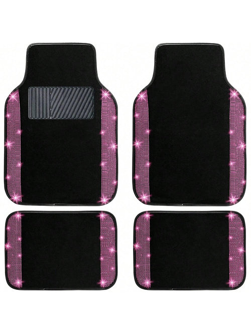 Bling Car Floor Mats Full Set, Universal Fit Most Cars,SUV, Trucks, 4 Pcs Sparkle Glitter Diamond Carpet For Women Girls With Anti-Slip Pad
