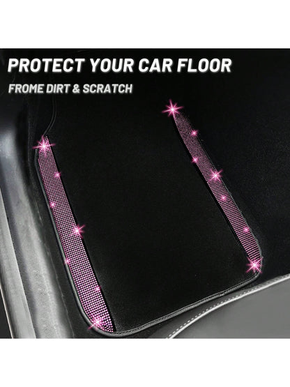 Bling Car Floor Mats Full Set, Universal Fit Most Cars,SUV, Trucks, 4 Pcs Sparkle Glitter Diamond Carpet For Women Girls With Anti-Slip Pad