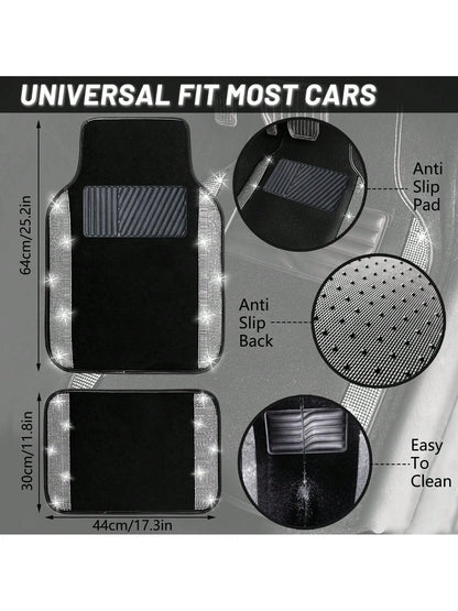 Bling Car Floor Mats Full Set, Universal Fit Most Cars,SUV, Trucks, 4 Pcs Sparkle Glitter Diamond Carpet For Women Girls With Anti-Slip Pad