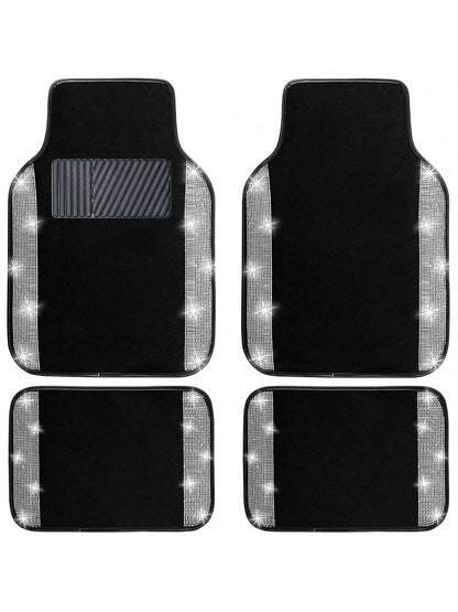 Bling Car Floor Mats Full Set, Universal Fit Most Cars,SUV, Trucks, 4 Pcs Sparkle Glitter Diamond Carpet For Women Girls With Anti-Slip Pad