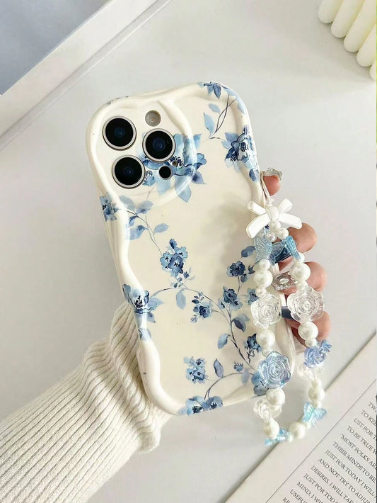 Blue Floral Novelty Cream Textured Wavy Edge Glossy Painted Anti-Drop Phone Case With Beaded Bracelet Accessory, Compatible With IPhone 17pro/17Air/17/17promax16/11/16pro/16plus/16promax/16e/15Promax