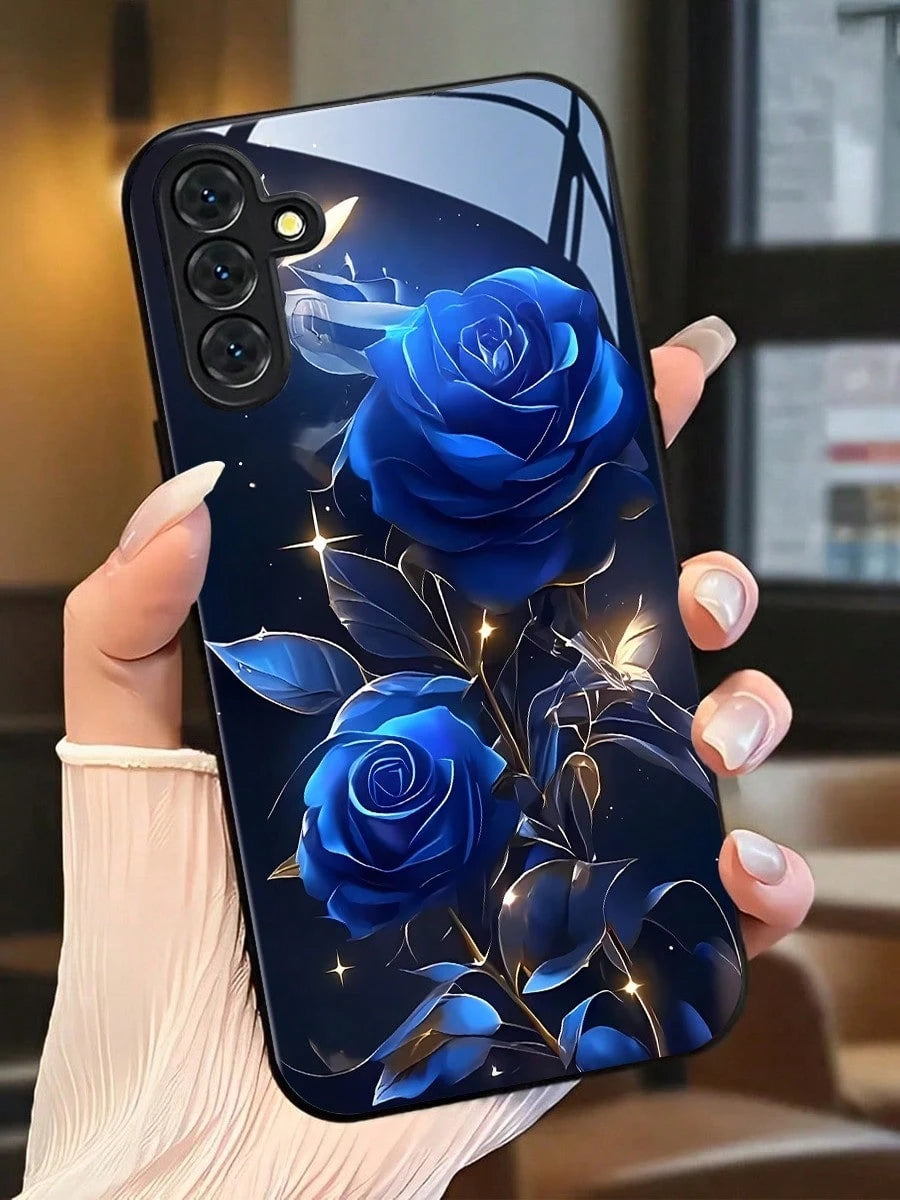 Blue Rose Pattern Tempered Glass Phone Case Suitable For Compatible With Iphone 17,16, 15, 14, 13, 12, 11, PRO MAX,PRO,PLUS,17Air, As Well As Galaxy S25/24/23/22/21Ultra/FE/Plus,A71/56/55/54/53/52/36