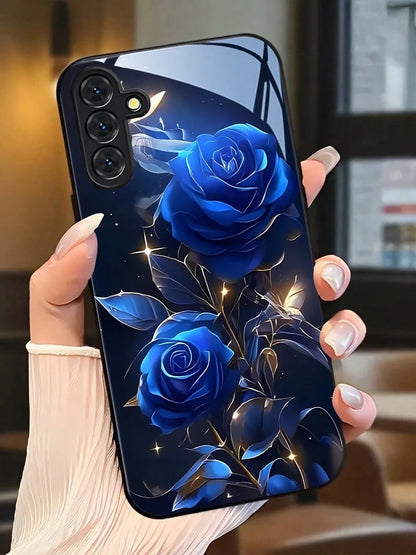 Blue Rose Pattern Tempered Glass Phone Case Suitable For Compatible With Iphone 17,16, 15, 14, 13, 12, 11, PRO MAX,PRO,PLUS,17Air, As Well As Galaxy S25/24/23/22/21Ultra/FE/Plus,A71/56/55/54/53/52/36
