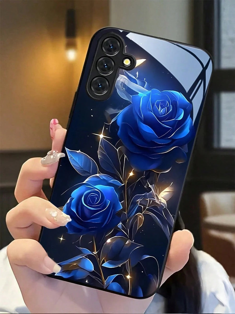 Blue Rose Pattern Tempered Glass Phone Case Suitable For Compatible With Iphone 17,16, 15, 14, 13, 12, 11, PRO MAX,PRO,PLUS,17Air, As Well As Galaxy S25/24/23/22/21Ultra/FE/Plus,A71/56/55/54/53/52/36