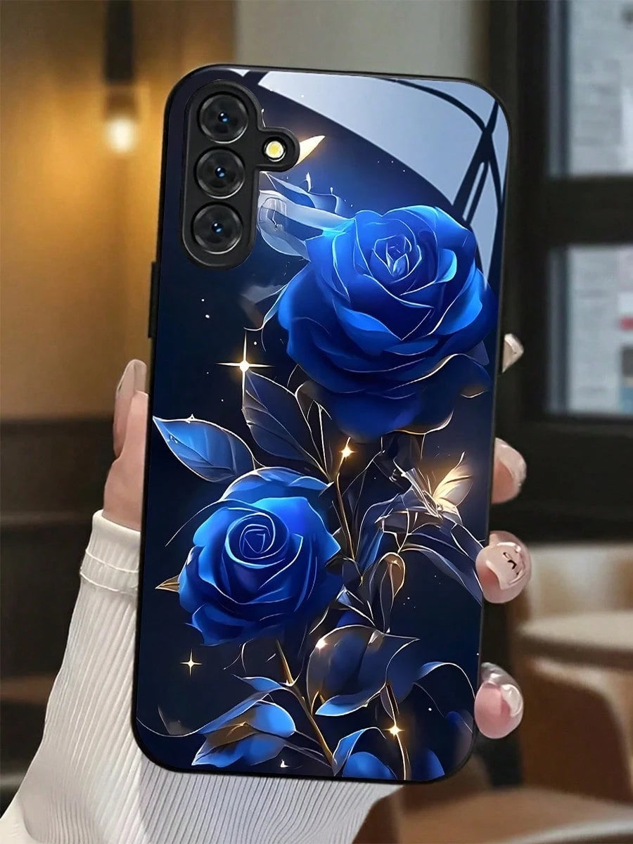 Blue Rose Pattern Tempered Glass Phone Case Suitable For Compatible With Iphone 17,16, 15, 14, 13, 12, 11, PRO MAX,PRO,PLUS,17Air, As Well As Galaxy S25/24/23/22/21Ultra/FE/Plus,A71/56/55/54/53/52/36