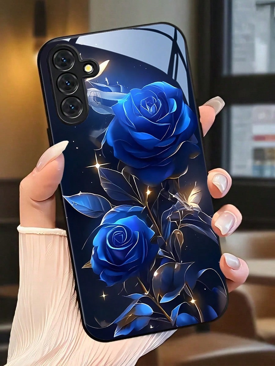 Blue Rose Pattern Tempered Glass Phone Case Suitable For Compatible With Iphone 17,16, 15, 14, 13, 12, 11, PRO MAX,PRO,PLUS,17Air, As Well As Galaxy S25/24/23/22/21Ultra/FE/Plus,A71/56/55/54/53/52/36