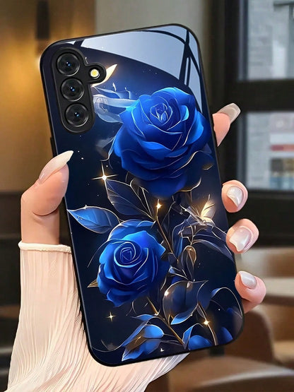 Blue Rose Pattern Tempered Glass Phone Case Suitable For Compatible With Iphone 17,16, 15, 14, 13, 12, 11, PRO MAX,PRO,PLUS,17Air, As Well As Galaxy S25/24/23/22/21Ultra/FE/Plus,A71/56/55/54/53/52/36