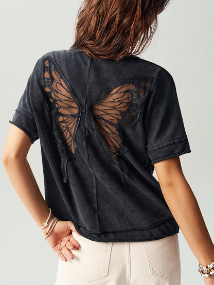 Bohemela Casual Solid Color Knitted Round Neck Short Sleeve Loose Butterfly Cutout Back Women T-Shirt Top