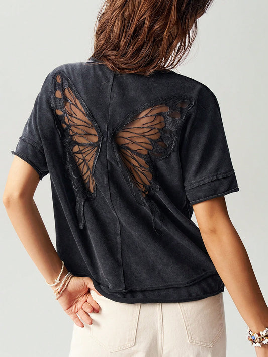 Bohemela Casual Solid Color Knitted Round Neck Short Sleeve Loose Butterfly Cutout Back Women T-Shirt Top