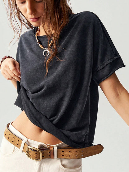 Bohemela Casual Solid Color Knitted Round Neck Short Sleeve Loose Butterfly Cutout Back Women T-Shirt Top