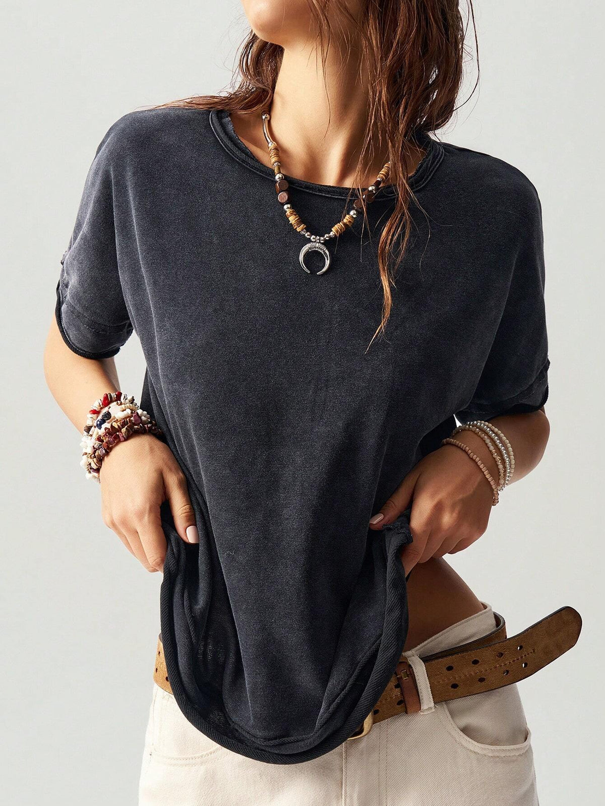 Bohemela Casual Solid Color Knitted Round Neck Short Sleeve Loose Butterfly Cutout Back Women T-Shirt Top