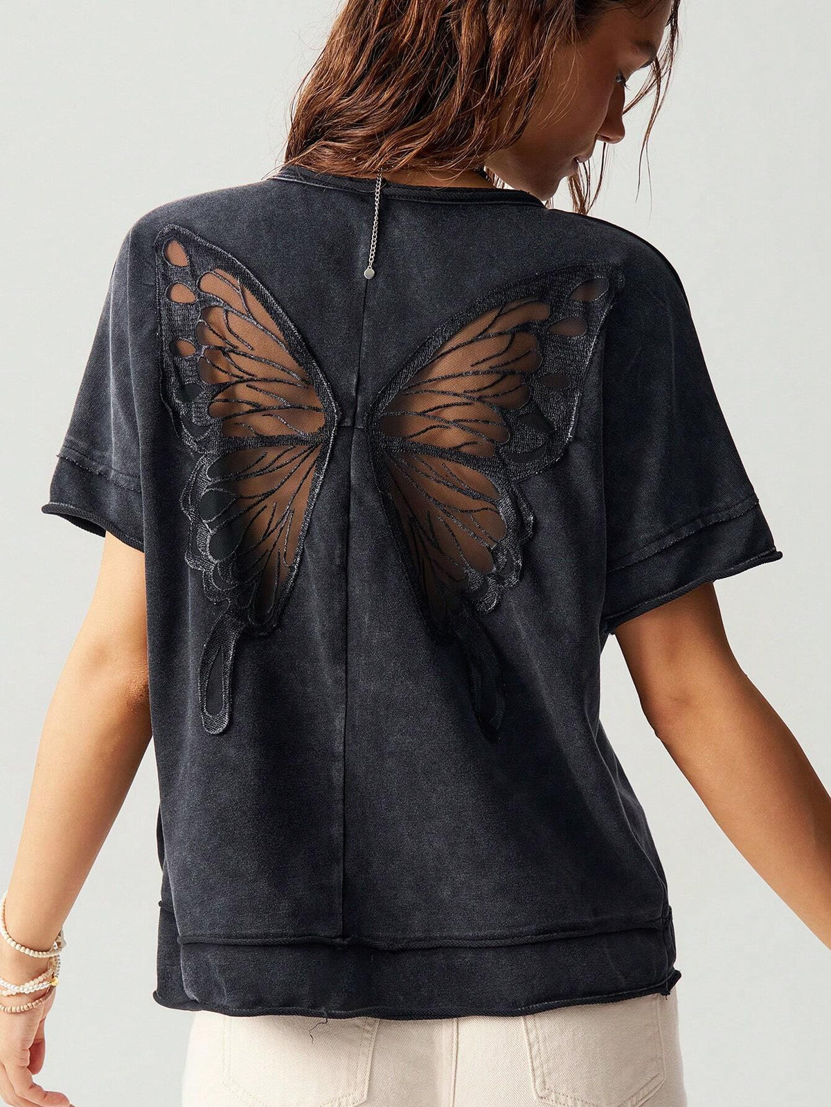 Bohemela Casual Solid Color Knitted Round Neck Short Sleeve Loose Butterfly Cutout Back Women T-Shirt Top