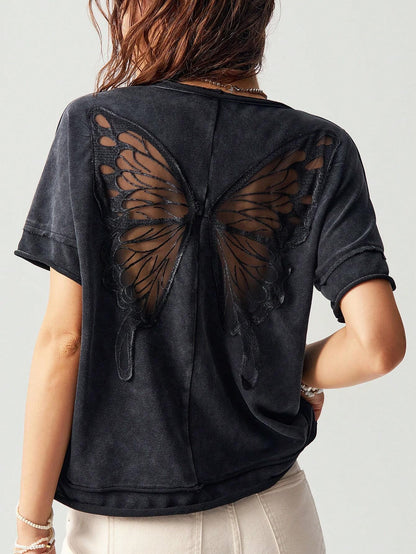 Bohemela Casual Solid Color Knitted Round Neck Short Sleeve Loose Butterfly Cutout Back Women T-Shirt Top