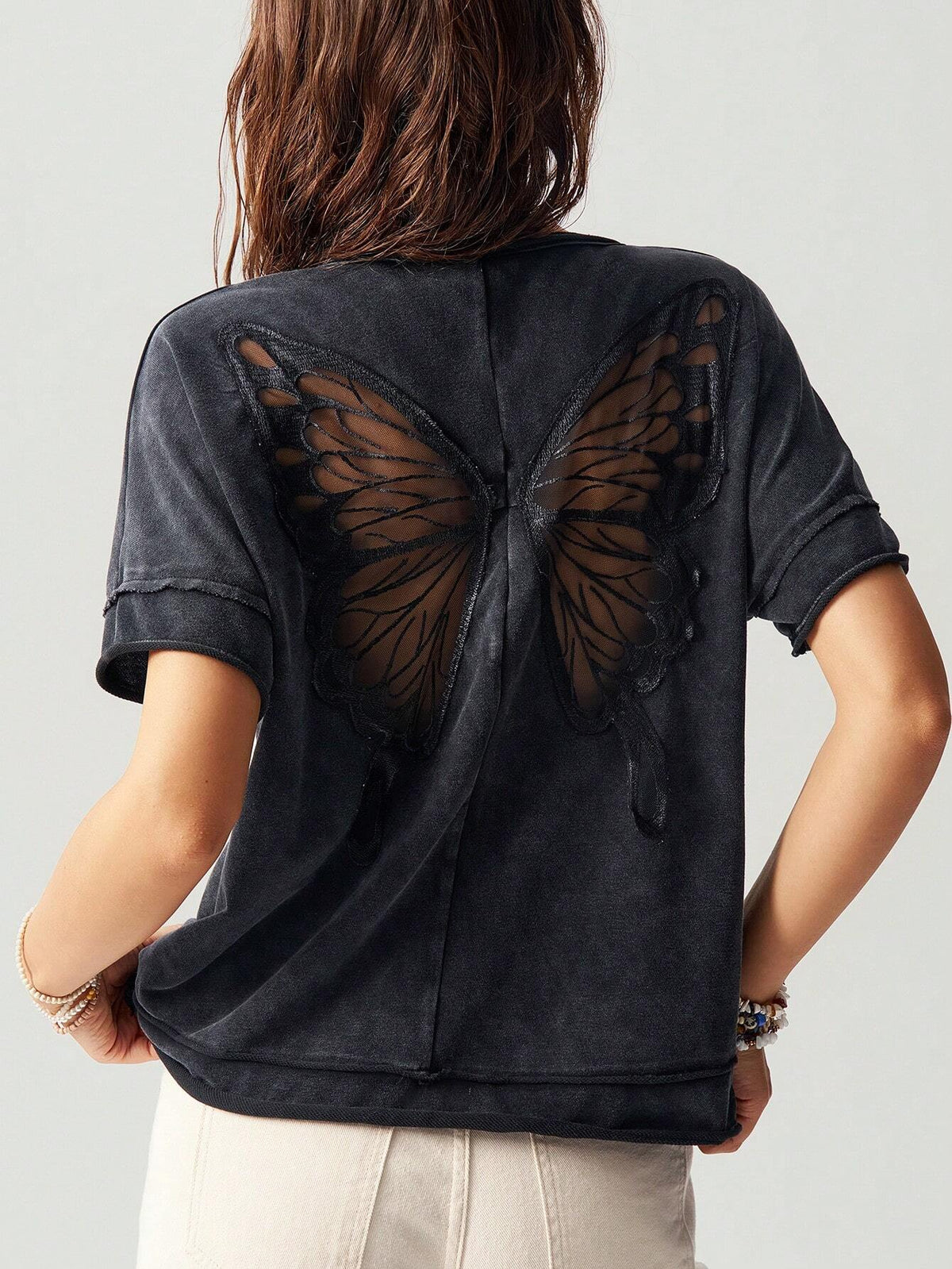 Bohemela Casual Solid Color Knitted Round Neck Short Sleeve Loose Butterfly Cutout Back Women T-Shirt Top