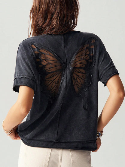 Bohemela Casual Solid Color Knitted Round Neck Short Sleeve Loose Butterfly Cutout Back Women T-Shirt Top