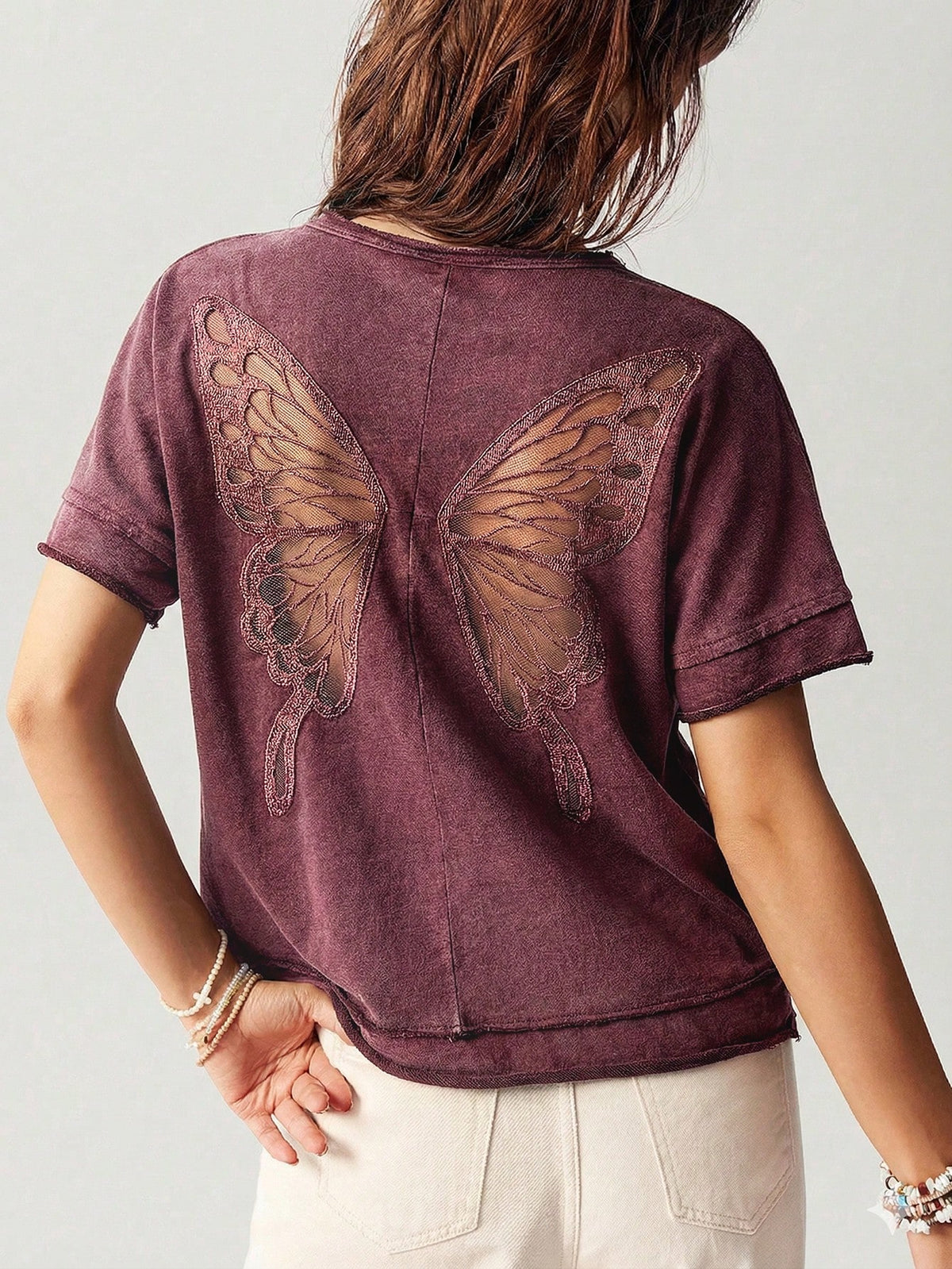 Bohemela Casual Solid Color Knitted Round Neck Short Sleeve Loose Butterfly Cutout Back Women T-Shirt Top