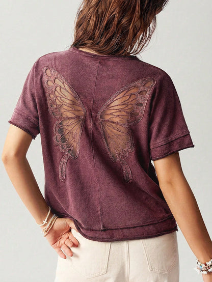 Bohemela Casual Solid Color Knitted Round Neck Short Sleeve Loose Butterfly Cutout Back Women T-Shirt Top