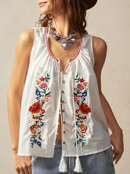 Bohemela Plus Size Vacation Casual Boho Floral Embroidery Front Button Top, Vintage, Vintage Vacation White Summer