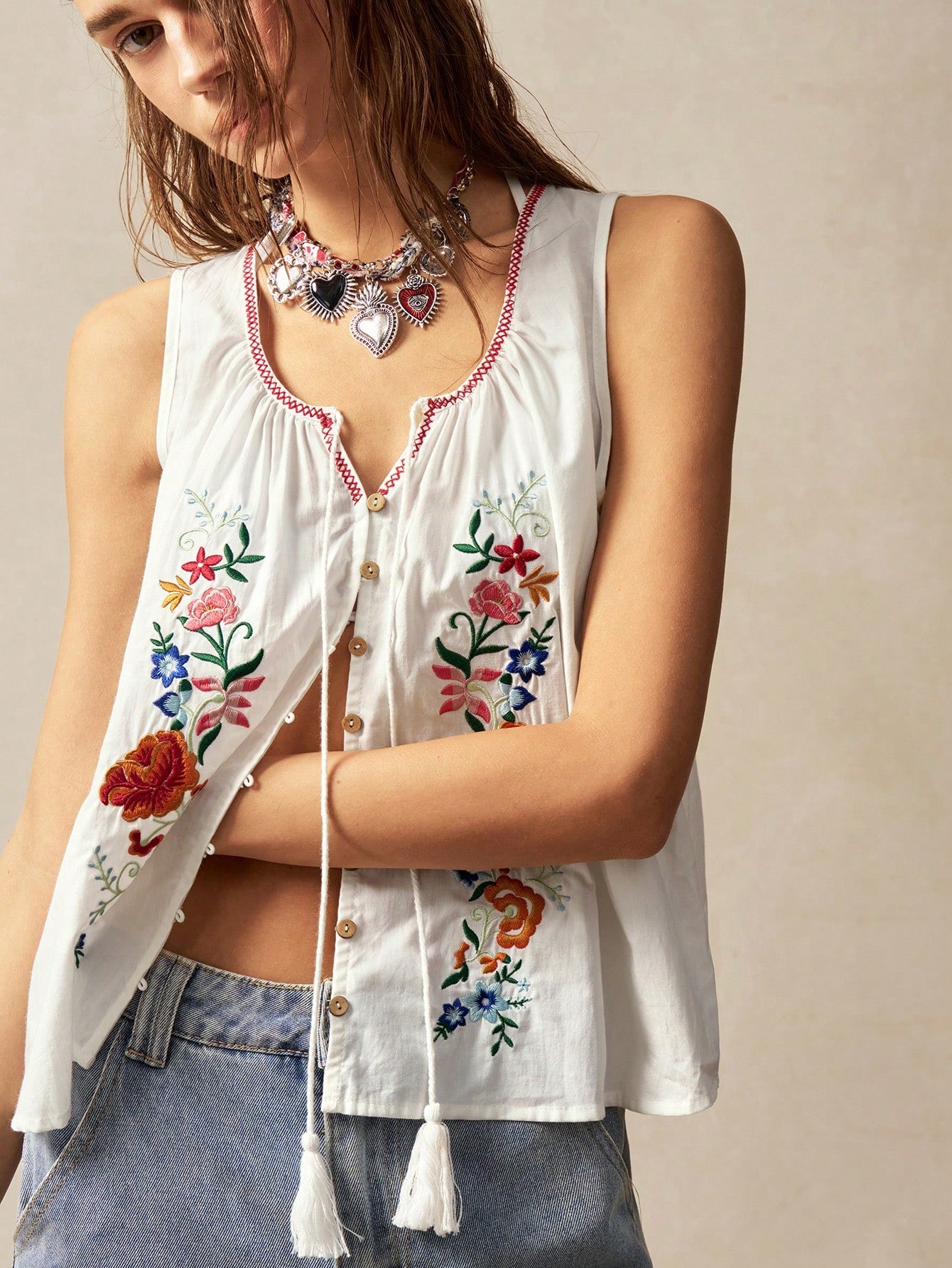 Bohemela Plus Size Vacation Casual Boho Floral Embroidery Front Button Top, Vintage, Vintage Vacation White Summer