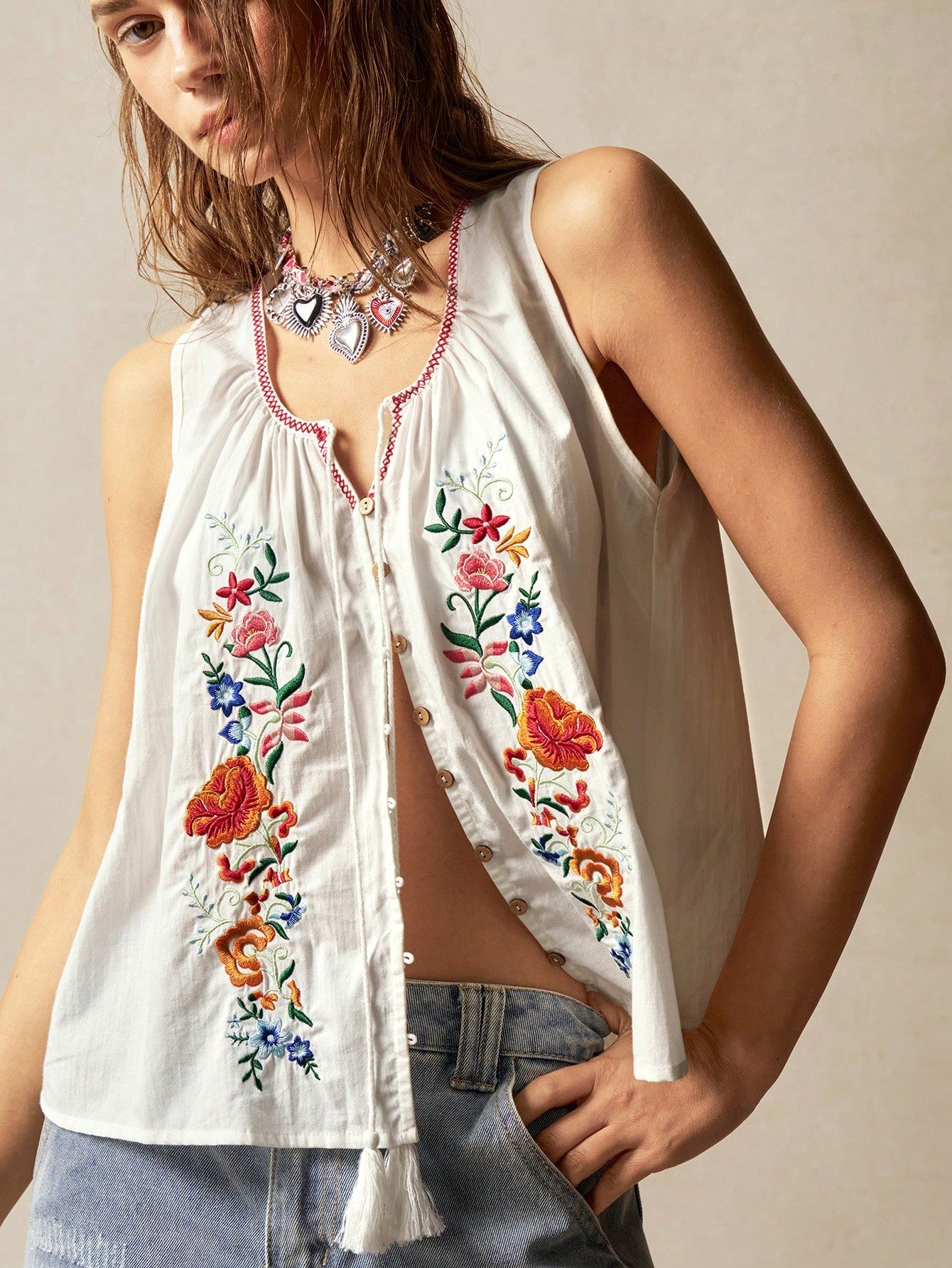 Bohemela Plus Size Vacation Casual Boho Floral Embroidery Front Button Top, Vintage, Vintage Vacation White Summer