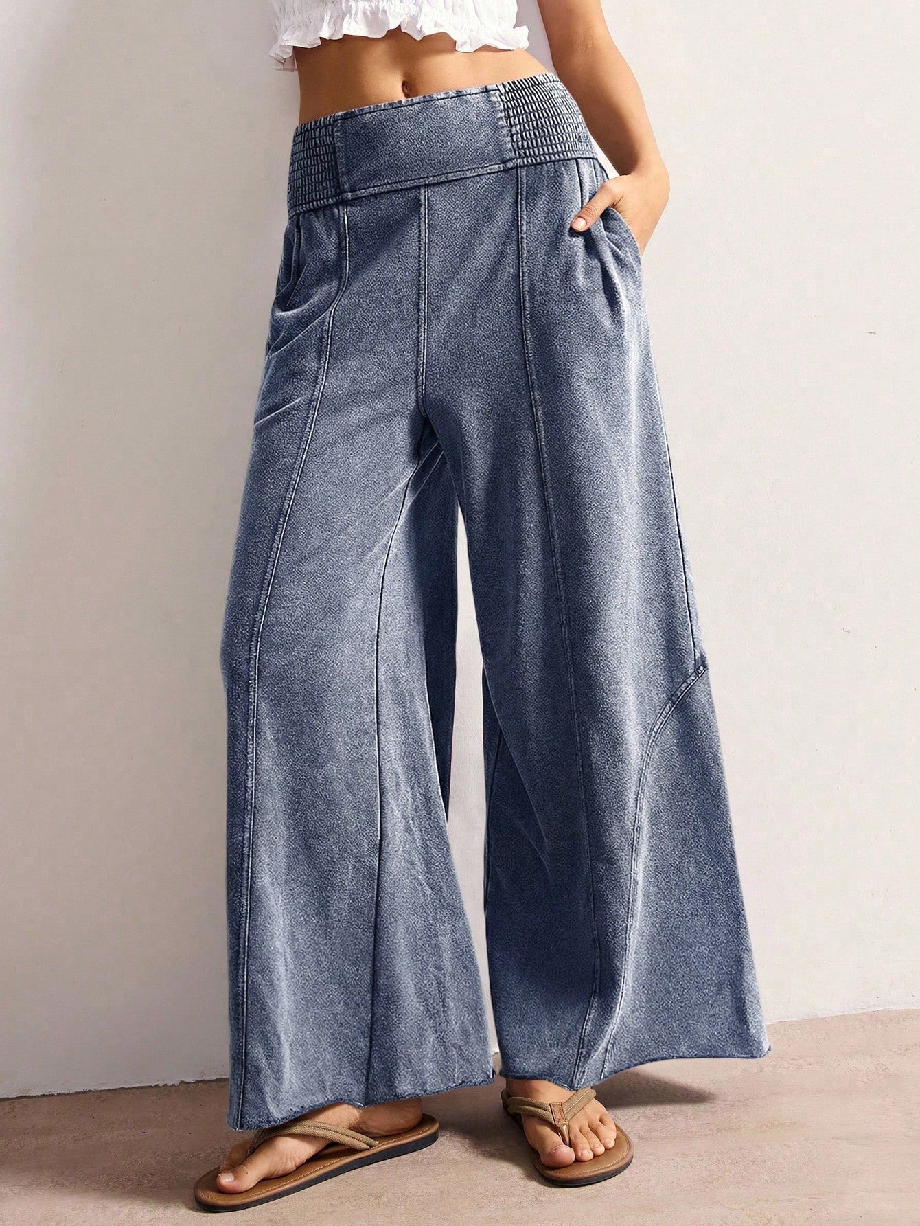 Bohemela Women's Casual Solid Color Knit Loose Wide-Leg Washed Pants