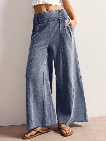 Bohemela Women's Casual Solid Color Knit Loose Wide-Leg Washed Pants