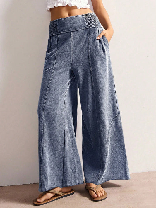 Bohemela Women's Casual Solid Color Knit Loose Wide-Leg Washed Pants