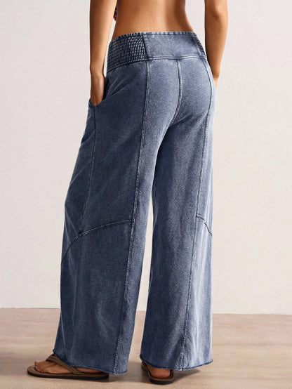 Bohemela Women's Casual Solid Color Knit Loose Wide-Leg Washed Pants