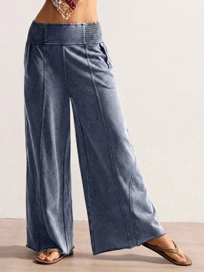 Bohemela Women's Casual Solid Color Knit Loose Wide-Leg Washed Pants