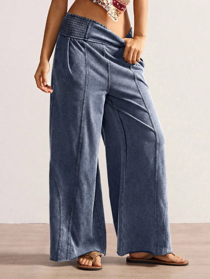 Bohemela Women's Casual Solid Color Knit Loose Wide-Leg Washed Pants