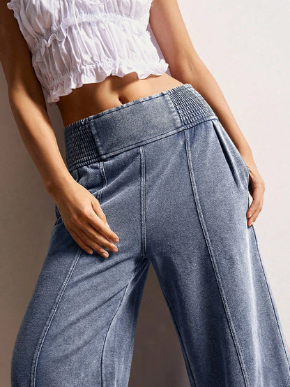 Bohemela Women's Casual Solid Color Knit Loose Wide-Leg Washed Pants