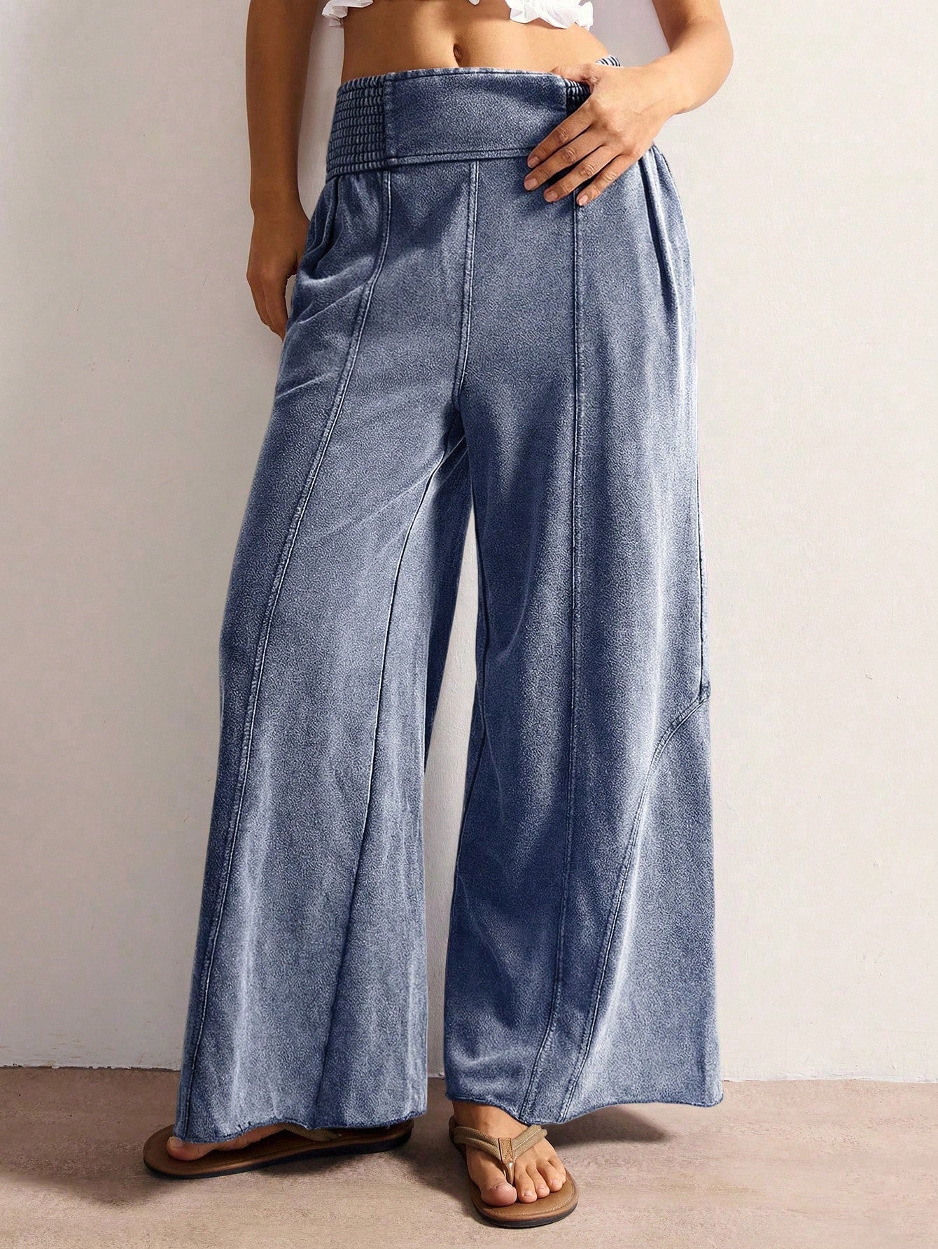 Bohemela Women's Casual Solid Color Knit Loose Wide-Leg Washed Pants
