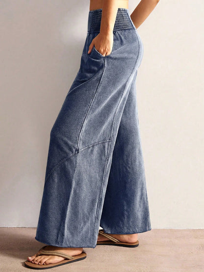 Bohemela Women's Casual Solid Color Knit Loose Wide-Leg Washed Pants