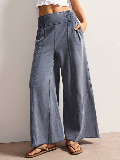 Bohemela Women's Casual Solid Color Knit Loose Wide-Leg Washed Pants