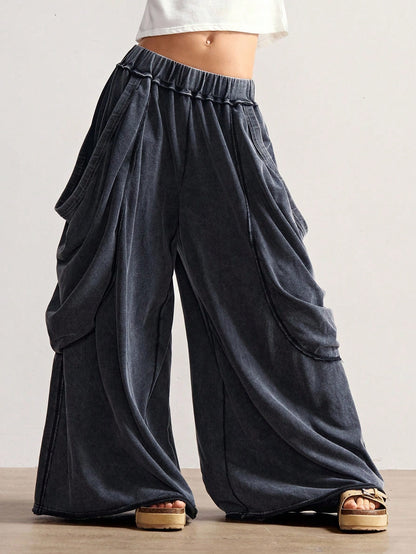 Bohemela Women's Casual Solid Color Knitted Loose Washed Pants Baggy Pants Loose Pants Flowy Pants Ruffle Pants Wide Leg Pants Everyday Work Gray Autumn