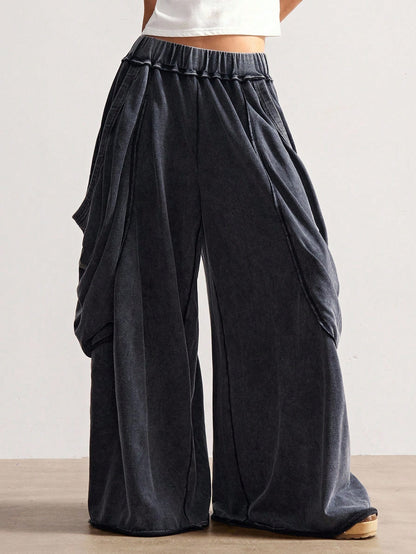 Bohemela Women's Casual Solid Color Knitted Loose Washed Pants Baggy Pants Loose Pants Flowy Pants Ruffle Pants Wide Leg Pants Everyday Work Gray Autumn