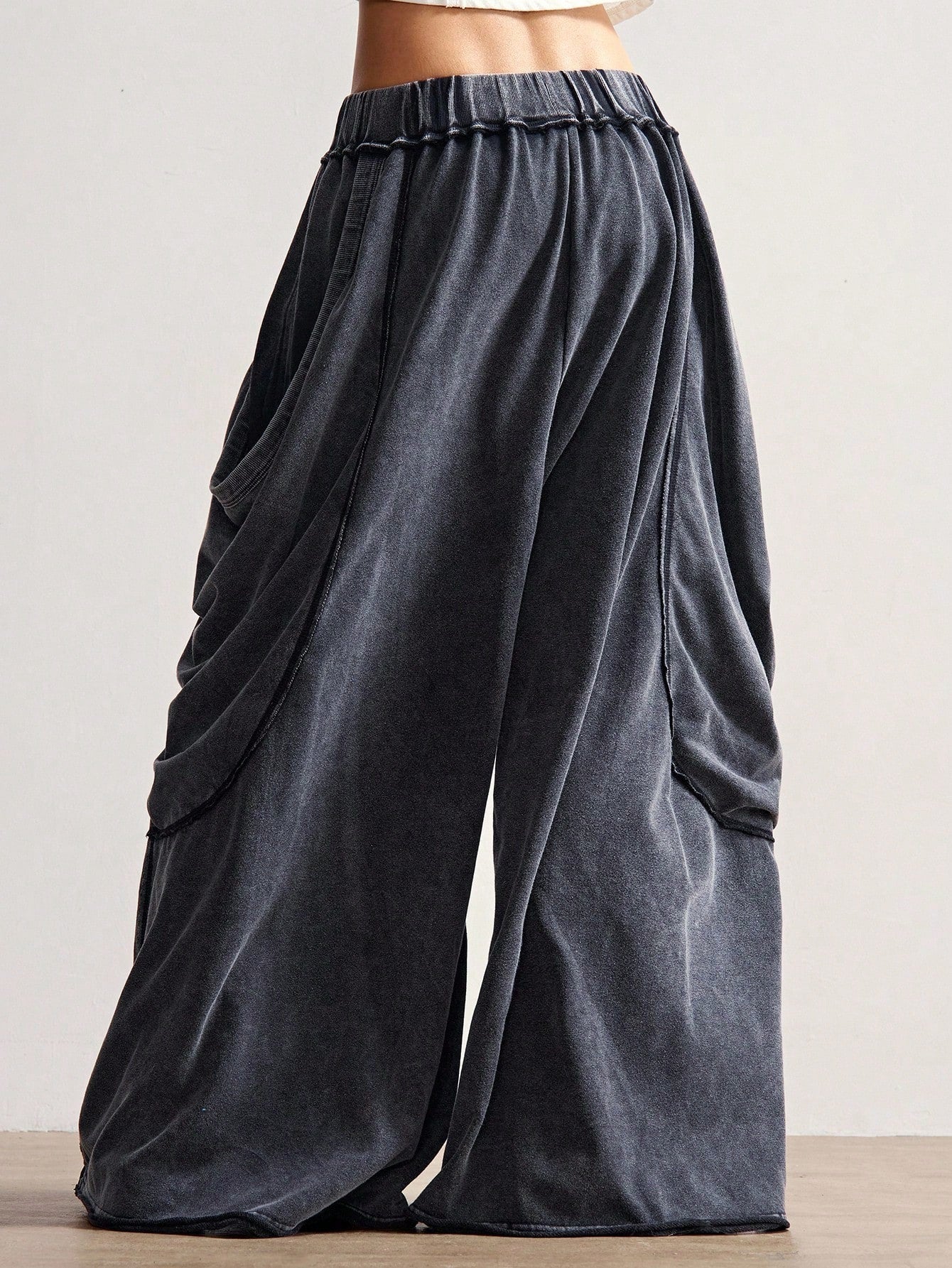 Bohemela Women's Casual Solid Color Knitted Loose Washed Pants Baggy Pants Loose Pants Flowy Pants Ruffle Pants Wide Leg Pants Everyday Work Gray Autumn