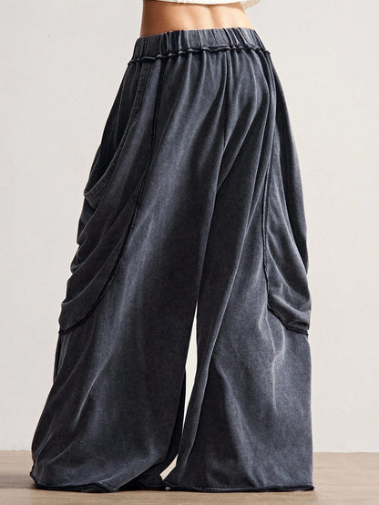 Bohemela Women's Casual Solid Color Knitted Loose Washed Pants Baggy Pants Loose Pants Flowy Pants Ruffle Pants Wide Leg Pants Everyday Work Gray Autumn