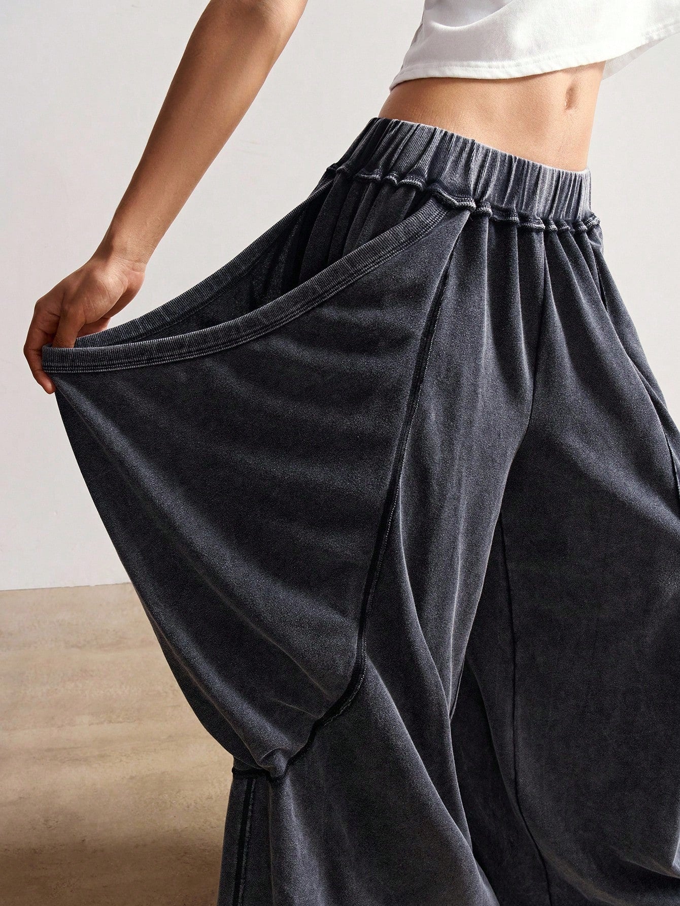 Bohemela Women's Casual Solid Color Knitted Loose Washed Pants Baggy Pants Loose Pants Flowy Pants Ruffle Pants Wide Leg Pants Everyday Work Gray Autumn