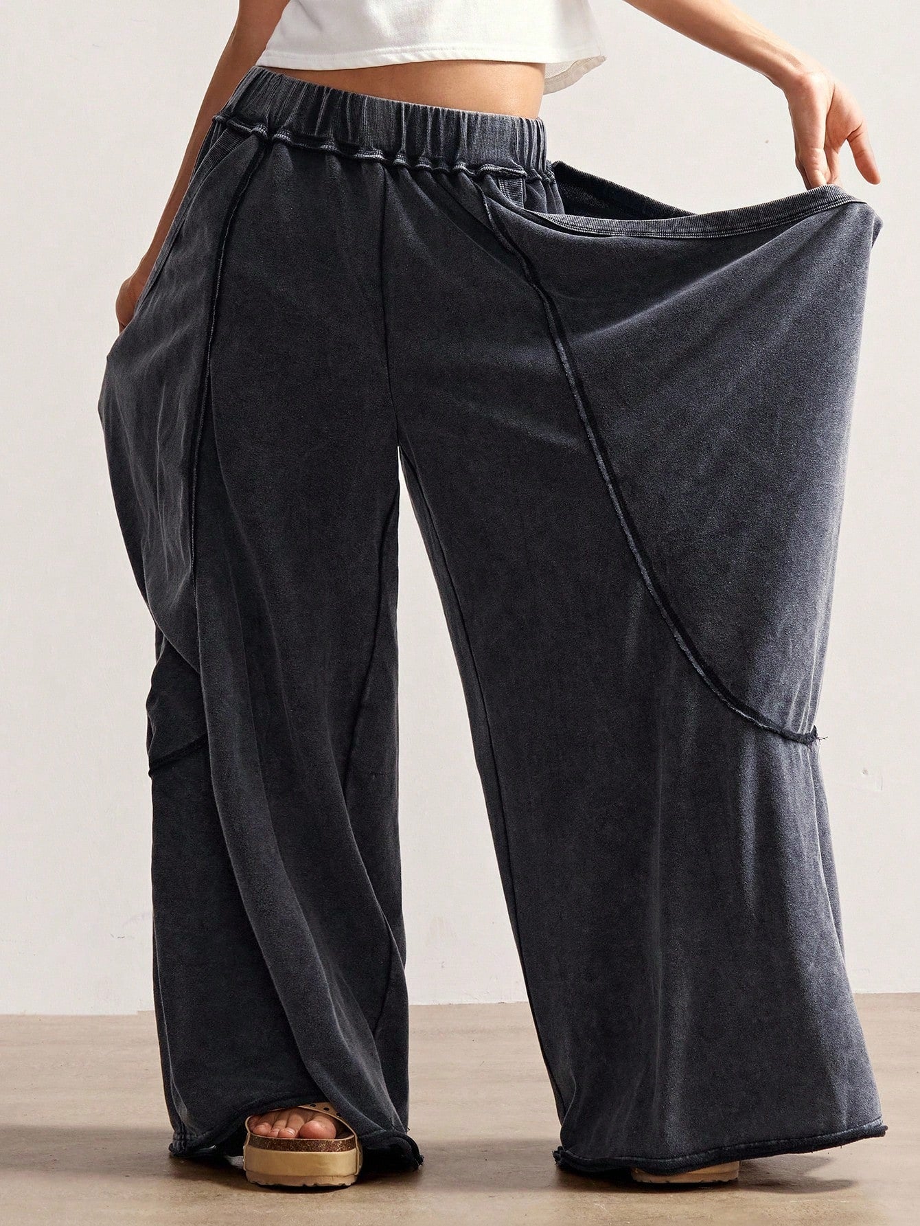 Bohemela Women's Casual Solid Color Knitted Loose Washed Pants Baggy Pants Loose Pants Flowy Pants Ruffle Pants Wide Leg Pants Everyday Work Gray Autumn