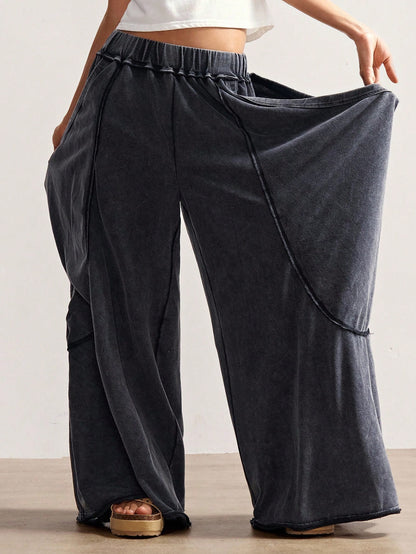 Bohemela Women's Casual Solid Color Knitted Loose Washed Pants Baggy Pants Loose Pants Flowy Pants Ruffle Pants Wide Leg Pants Everyday Work Gray Autumn