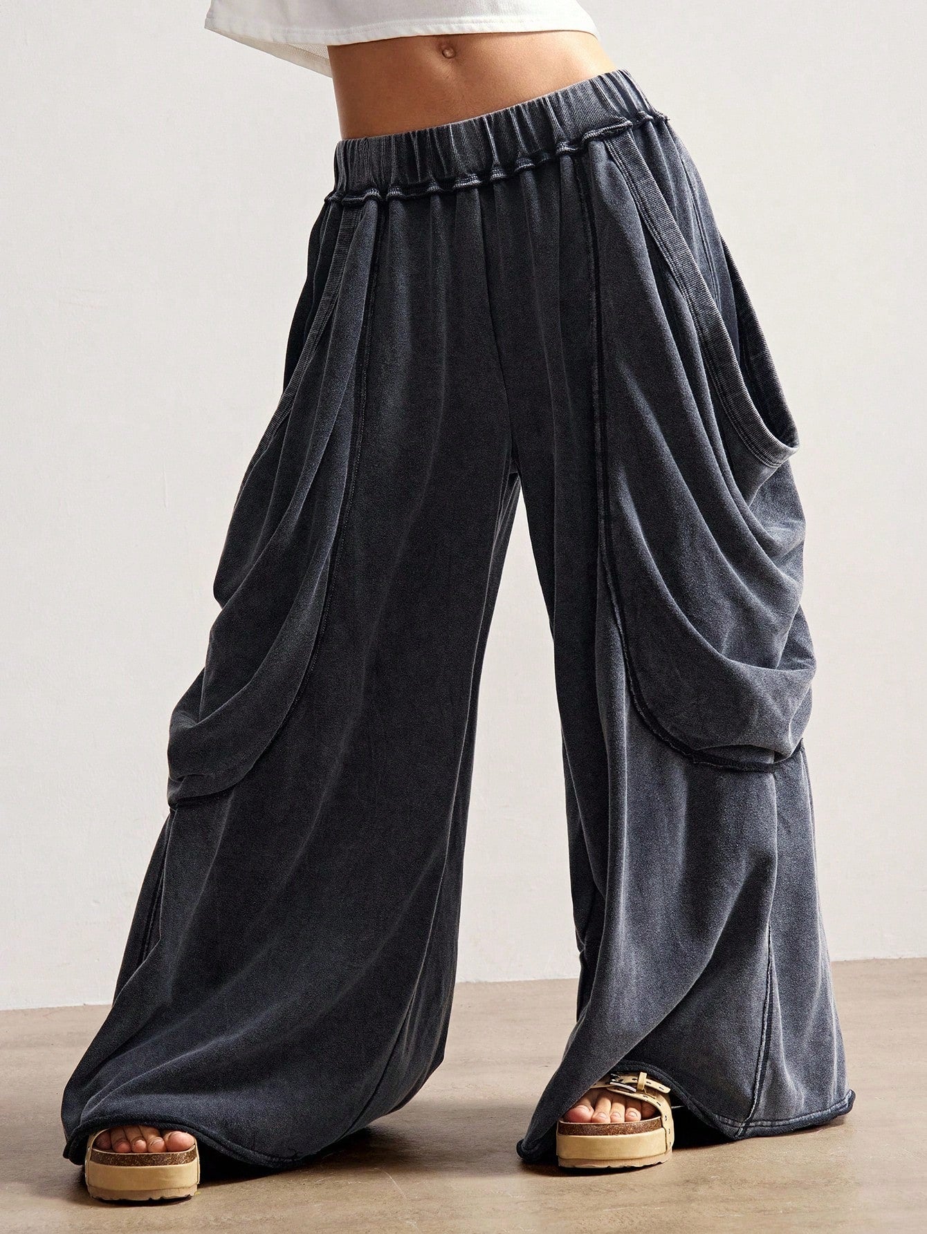 Bohemela Women's Casual Solid Color Knitted Loose Washed Pants Baggy Pants Loose Pants Flowy Pants Ruffle Pants Wide Leg Pants Everyday Work Gray Autumn