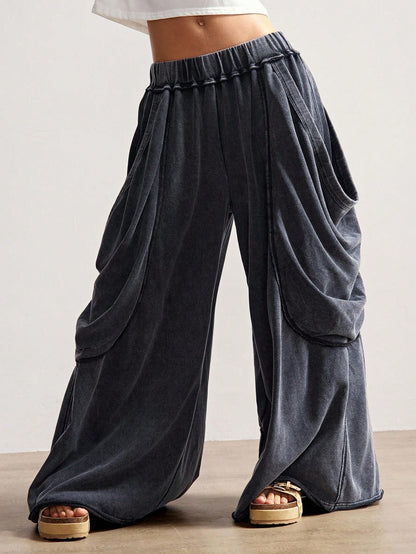 Bohemela Women's Casual Solid Color Knitted Loose Washed Pants Baggy Pants Loose Pants Flowy Pants Ruffle Pants Wide Leg Pants Everyday Work Gray Autumn