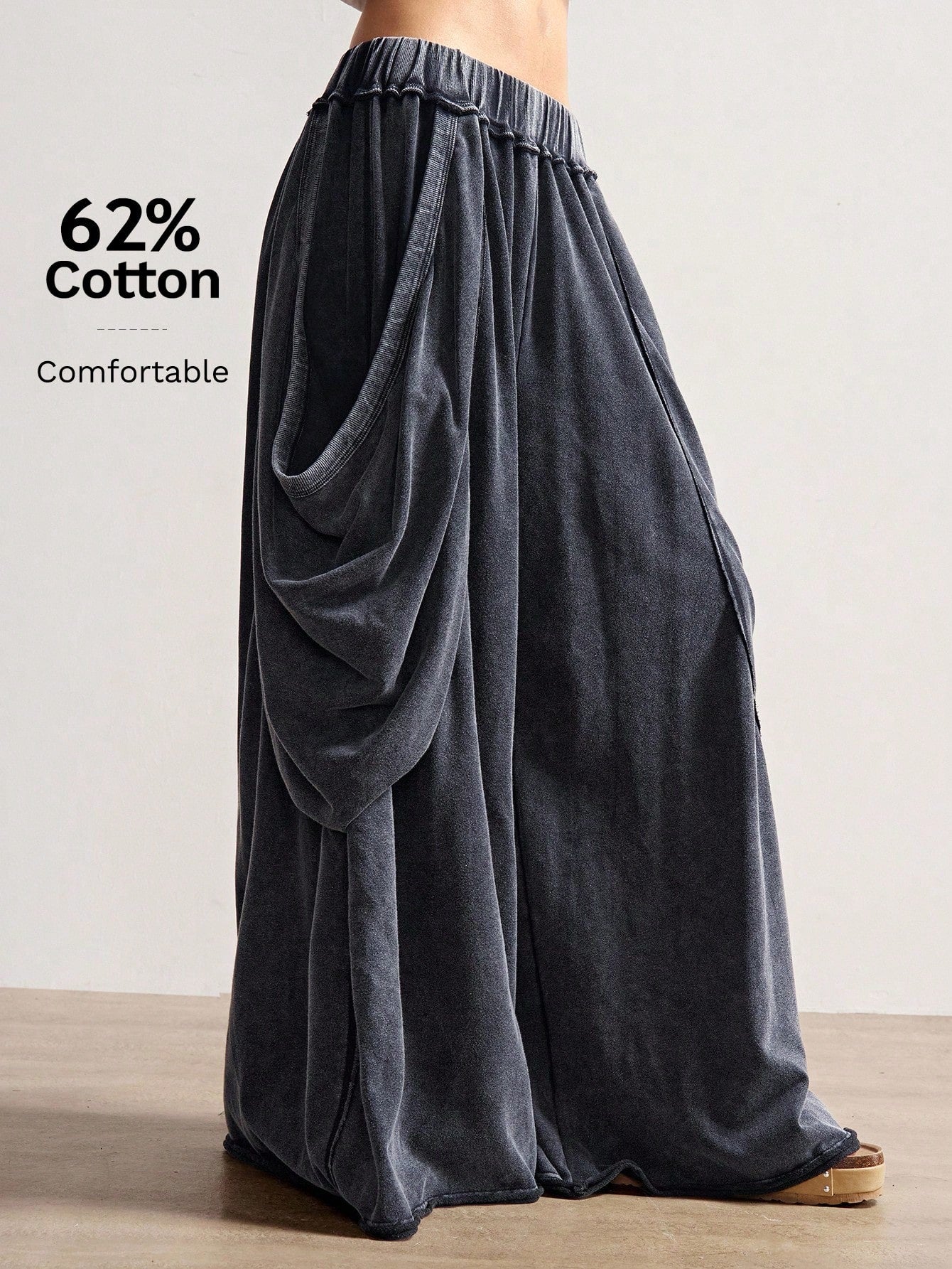 Bohemela Women's Casual Solid Color Knitted Loose Washed Pants Baggy Pants Loose Pants Flowy Pants Ruffle Pants Wide Leg Pants Everyday Work Gray Autumn