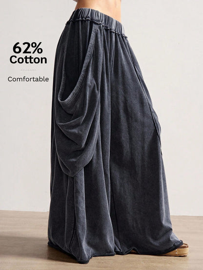 Bohemela Women's Casual Solid Color Knitted Loose Washed Pants Baggy Pants Loose Pants Flowy Pants Ruffle Pants Wide Leg Pants Everyday Work Gray Autumn