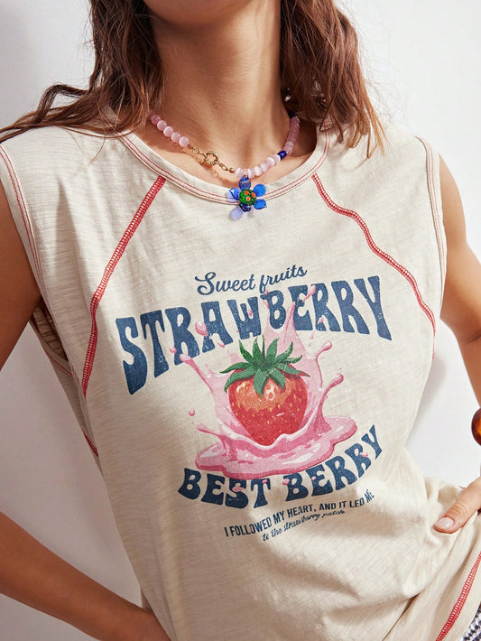 Bohemela Women's Cute Beige Summer Vacation Y2K Bohemian Retro Strawberry Print Crochet Color Block Knit Texture Crew Neck T-Shirt,Casual Relaxed Basic Tops